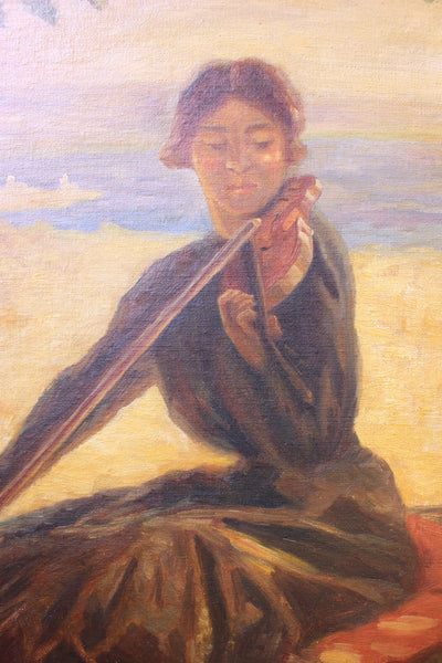 Karl Albert Buehr Original Antique American Giverny Colony Impressionist Violinist in Pastoral California Landscape Oil Painting