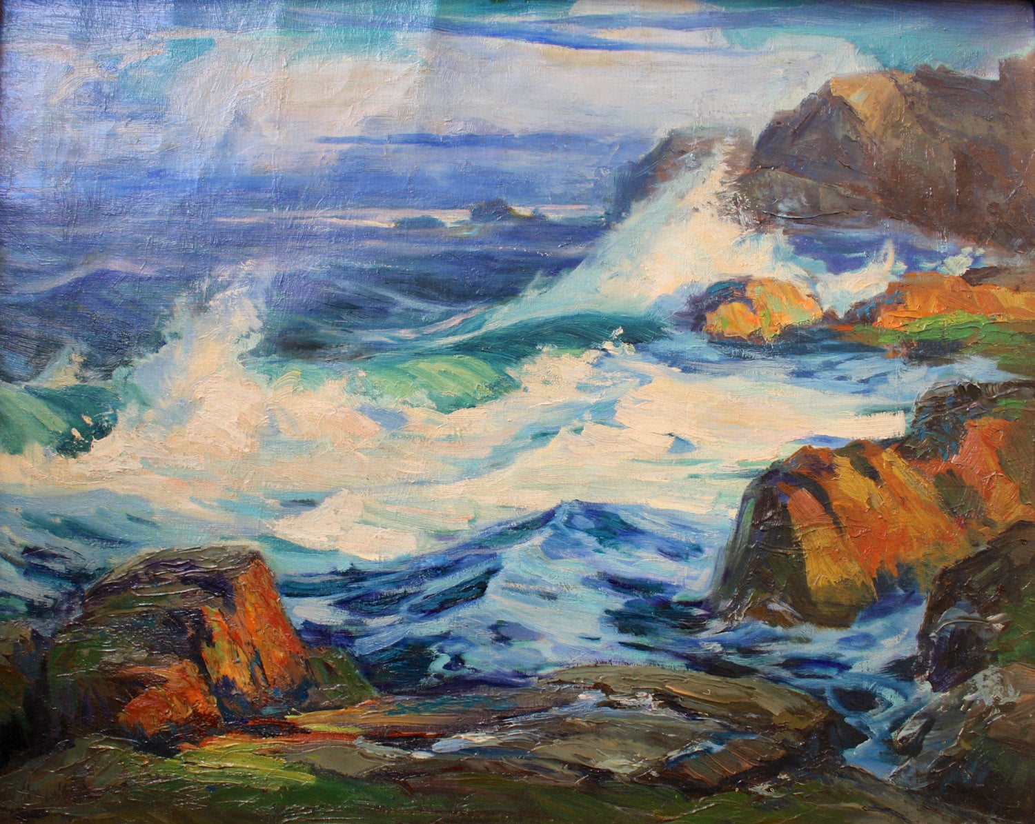 LJ Hanks Lon Hanks Large Original Vintage Antique Massachusetts Cape Cod Rocky Coastline American Impressionist Seascape Fine Art Oil Painting