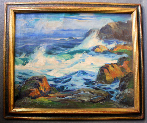 LJ Hanks Lon Hanks Large Original Vintage Antique Massachusetts Cape Cod Rocky Coastline American Impressionist Seascape Fine Art Oil Painting