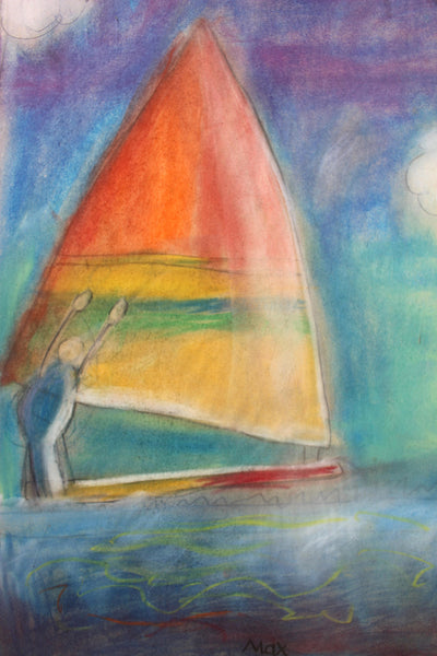 Max Ackermann Original Vintage German Representational Abstract Graphite Drawing with Pastel European Art Painting Sailing