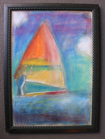 Max Ackermann Original Vintage German Representational Abstract Graphite Drawing with Pastel European Art Painting Sailing