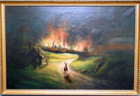 Michael Andrews Original Vintage Modernist Slade School Fine Art Great Fire of London England Panoramic Genre Landscape Oil Painting