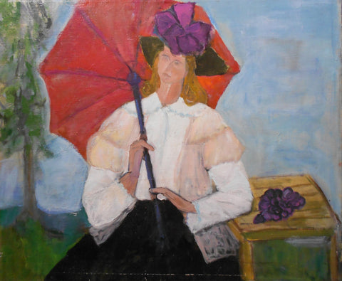 Modernist Margaret T Gove Camfferman Seattle Group of Twelve Original WPA Post Impressionist Portrait Red Parasol Cubist Fine Oil Painting