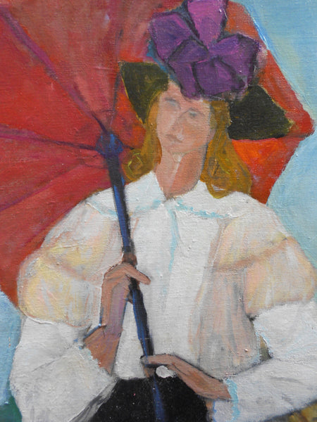 Modernist Margaret T Gove Camfferman Seattle Group of Twelve Original WPA Post Impressionist Portrait Red Parasol Cubist Fine Oil Painting