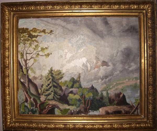 Original Max Weber Attributed Oil on Wood Pulp Board Antique Corea Coast Maine Landscape American Regionalist Modernist Painting