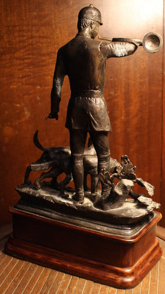 Pierre-Jules Mêne Animaliere Antique 19c French Bronze English Fox Hunter and Two Hounds With Fox Hunting Horn Bronze Fine Art Sculpture