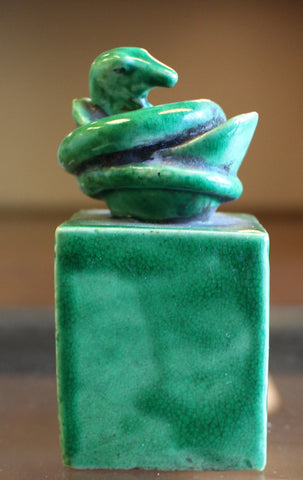 Antique Chinese Ming Dynasty Period Artifact Green Glazed Porcelain Seal Stamp Chop Sculpture Coiled Snake