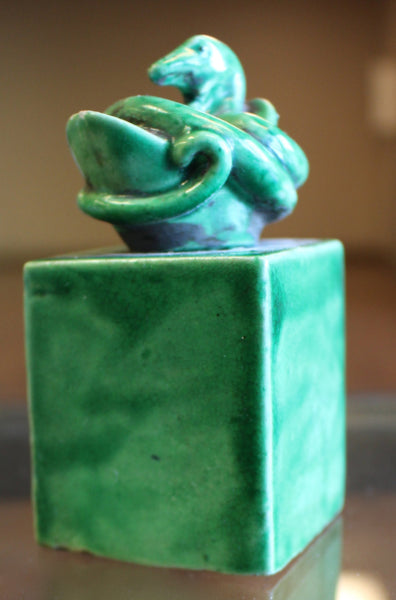 Antique Chinese Ming Dynasty Period Artifact Green Glazed Porcelain Seal Stamp Chop Sculpture Coiled Snake