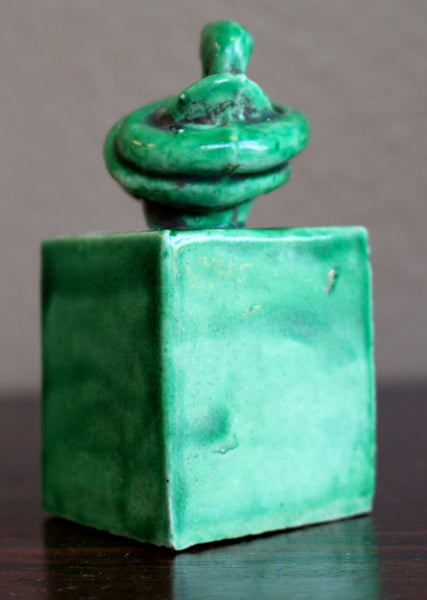 Antique Chinese Ming Dynasty Period Artifact Green Glazed Porcelain Seal Stamp Chop Sculpture Coiled Snake