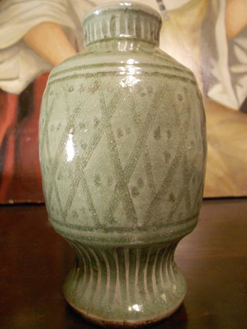 Antique Longquan Carved Celadon Glazed Yuan Early Ming Dynasty Chinese Porcelain Vase Asiatic Vessel Artifact
