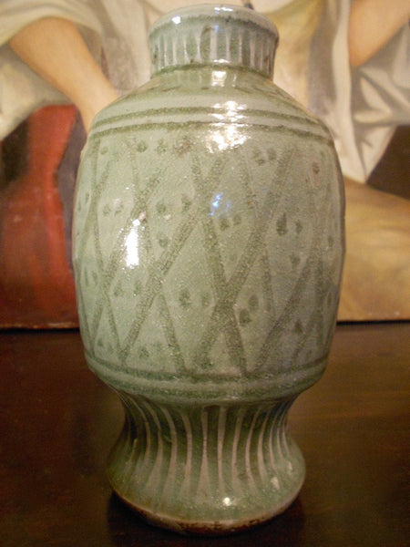 Antique Longquan Carved Celadon Glazed Yuan Early Ming Dynasty Chinese Porcelain Vase Asiatic Vessel Artifact