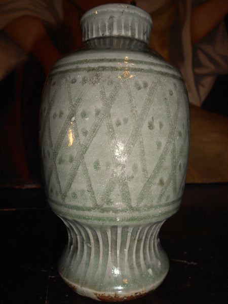 Antique Longquan Carved Celadon Glazed Yuan Early Ming Dynasty Chinese Porcelain Vase Asiatic Vessel Artifact