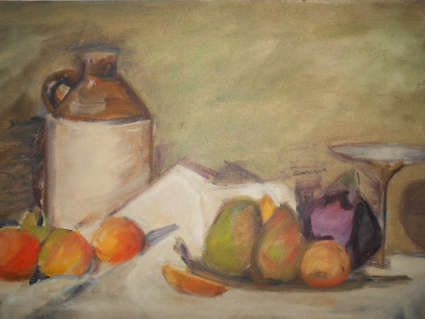 Otis William Oldfield Manner Original Vintage San Francisco California Modernist Still Life Oil Painting Compote Purple Pomegranate Mangos