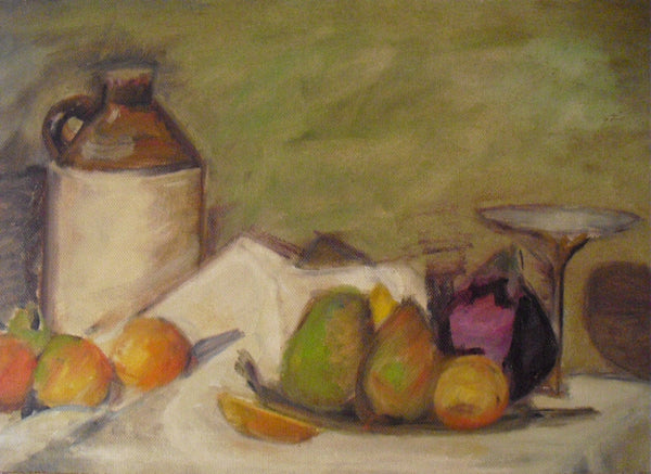 Otis William Oldfield Manner Original Vintage San Francisco California Modernist Still Life Oil Painting Compote Purple Pomegranate Mangos