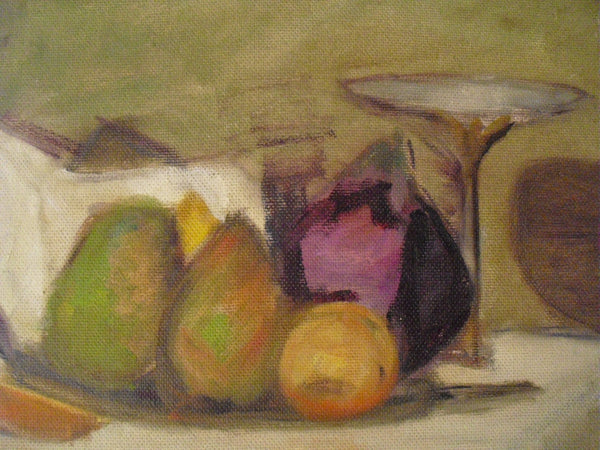 Otis William Oldfield Manner Original Vintage San Francisco California Modernist Still Life Oil Painting Compote Purple Pomegranate Mangos