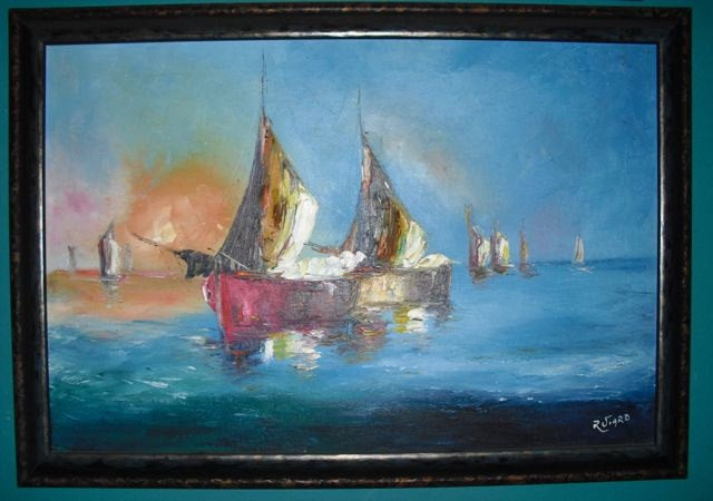 Raoul Viard Original Haitian Marine Sunset Seascape With Boats Vintage Antique Oil Painting Gallery Framed