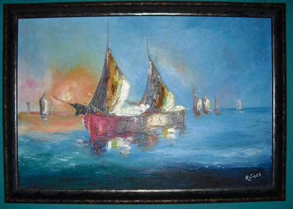 Raoul Viard Original Haitian Marine Sunset Seascape With Boats Vintage Antique Oil Painting Gallery Framed