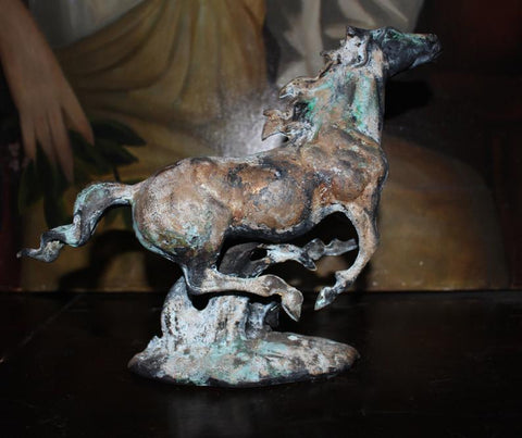 Running Horse on Water Original Vintage Patina and Painted Hand Cast Bronze Signed Modernist Southwest Equine Fine Art Sculpture