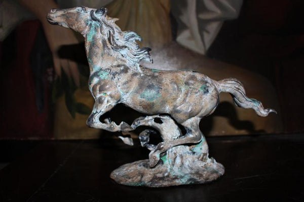 Running Horse on Water Original Vintage Patina and Painted Hand Cast Bronze Signed Modernist Southwest Equine Fine Art Sculpture