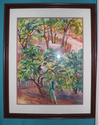 Sergei Bongart Russian American Vintage Watercolor Gouache Original Colorist Painting Rustic Canyon California Orange Orchard Landscape 2