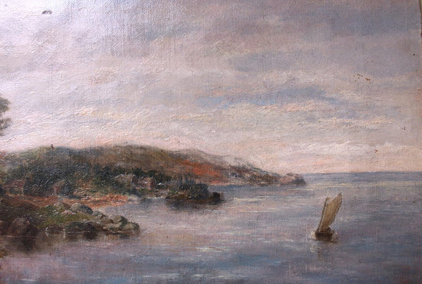 Antique Theodore Robinson Original American Cos Cob Sailboat Sea Shore with Houses Fine Impressionist Oil Painting