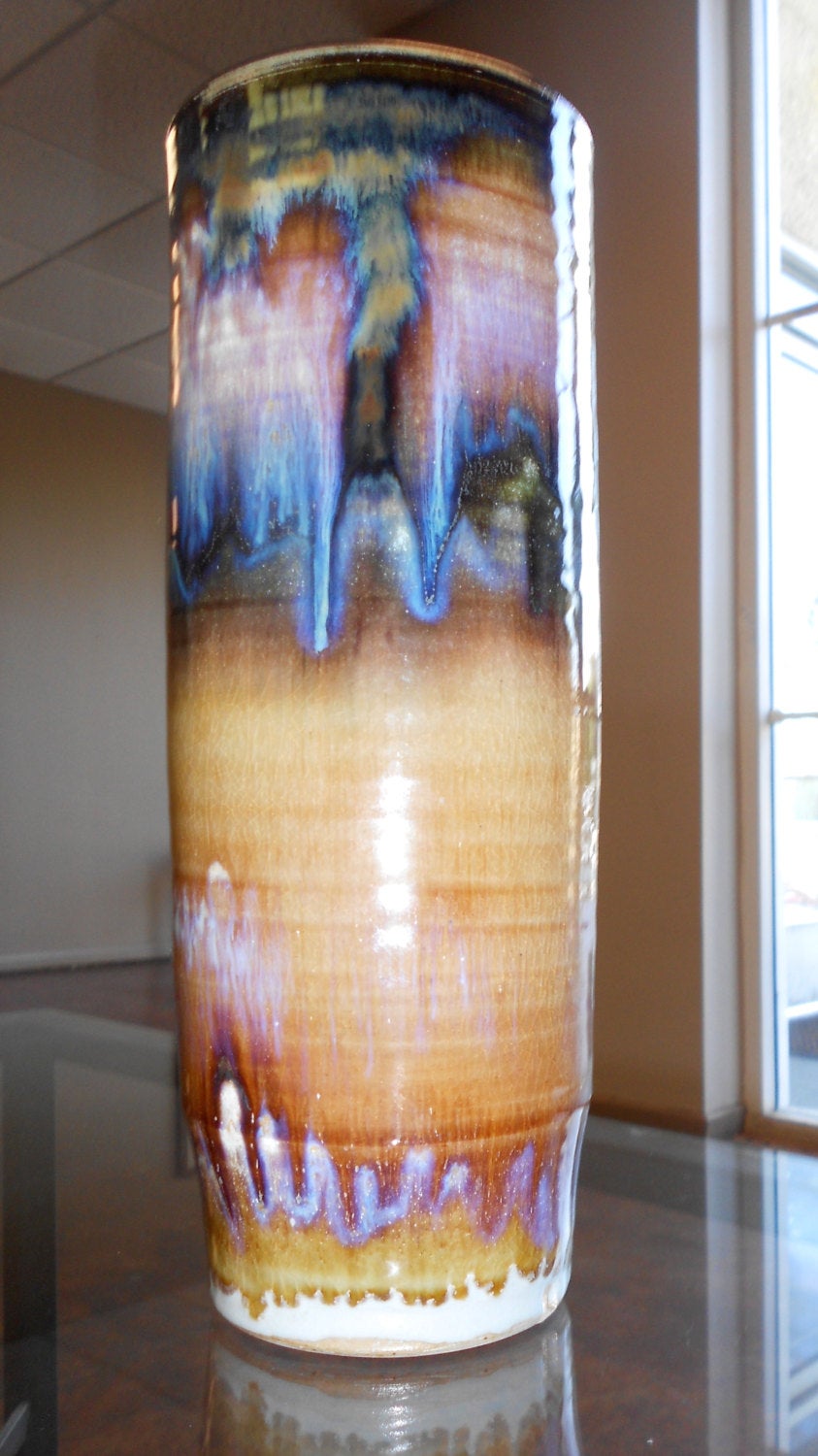 Toshiko Takaezu Vintage Modern Contemporary American Expressionist Multi Glazed Hand Thrown Cylindrical Ceramic Art Studio Pottery Vase