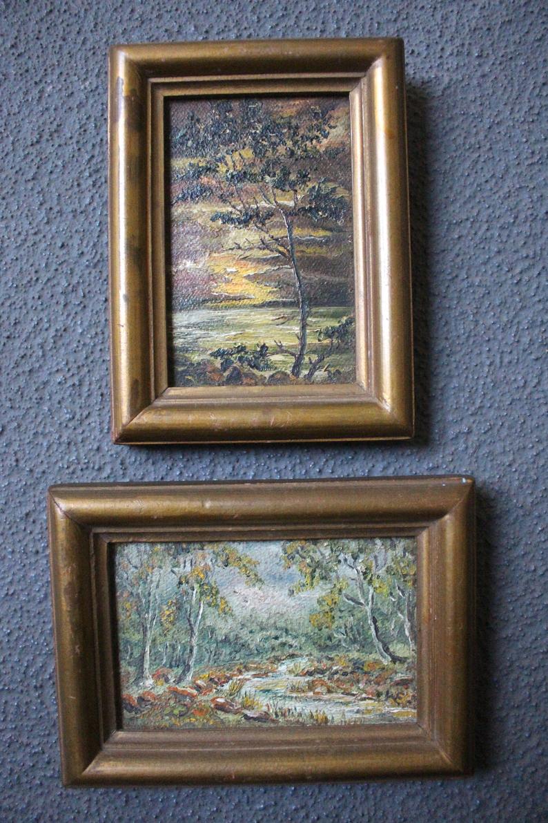 Elmer Wachtel & Marion Kavanaugh Wachtel Original Vintage Antique California Impressionist Plein Air Landscape Miniature Oil Painting 2 Painting Set